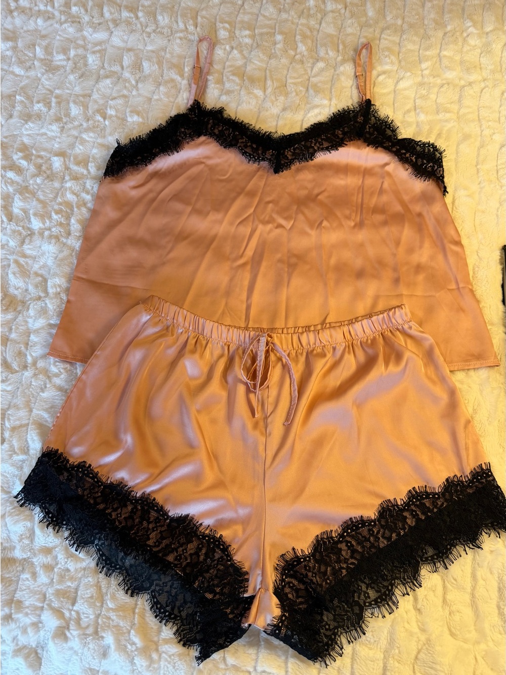 NWOT Silk-Look Lace Trim Cami & Short Lingerie Set in Blush Pink